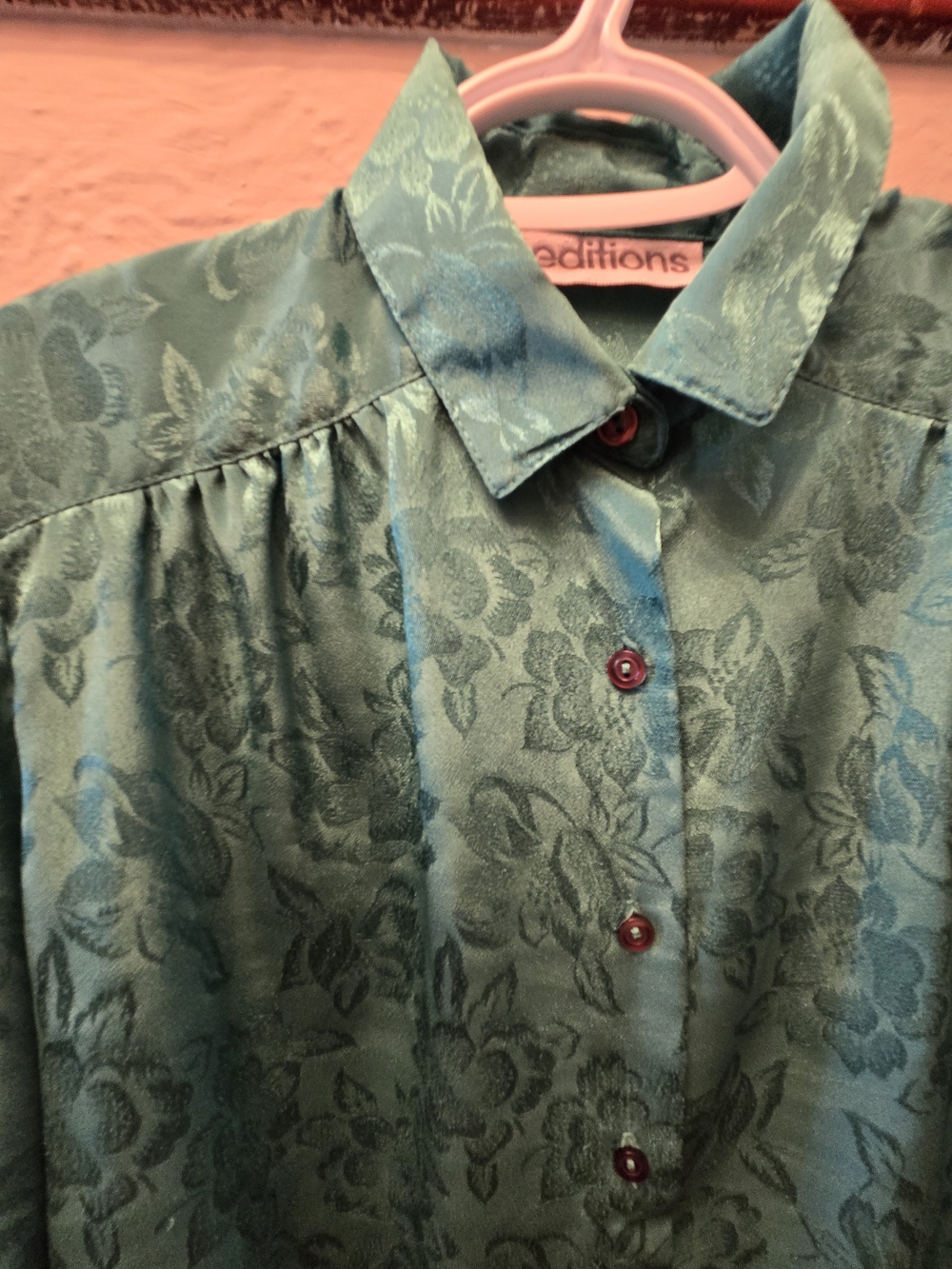 Vintage Editions Emerald Green Floral Jacquard Blouse Women's Medium - Picture 10 of 12